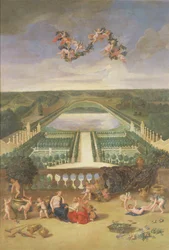 Udsigt over Orangeriet i Versailles fra Schweizerbassinet og kongens køkkenhave med Vertumnus og Pomona, 1688